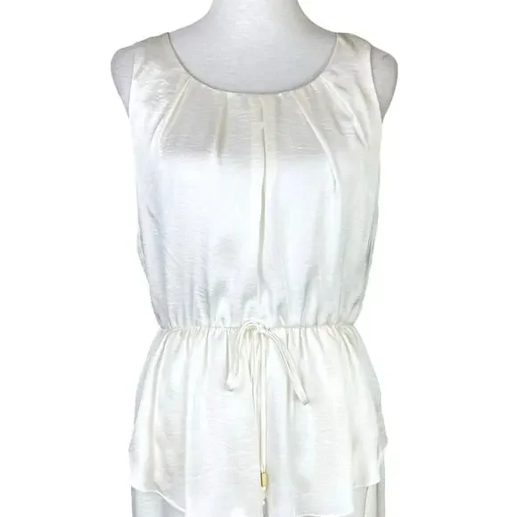 Vince Camuto White Satin Pleated Waistline Sleeveless Knee Length Dress POCKETS - Picture 3 of 9